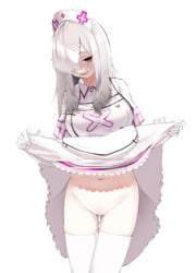 1girls cum gloves nijisanji nopan nurse pussy skirt_lift sukoya_kana thighhighs uncensored uxu virtual_youtuber