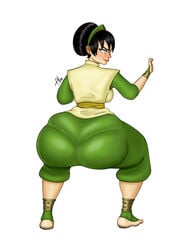 allop ass ass_focus avatar_the_last_airbender big_ass big_butt clothed clothing dark_hair feet full_body fully_clothed huge_ass huge_butt pale_skin pantylines pinup presenting_hindquarters squat squatting thick_ass toph_bei_fong white_background