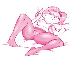 1girls animal_crossing animal_crossing_girl breast cameltoe isabelleorgasms laying_down laying_on_bed leggings monochrome nintendo pantyhose peace_sign pepsi pink_hair soda soda_can spread_legs villager_(animal_crossing)