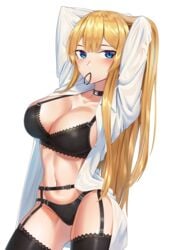 1girls adjusting_hair arms_up big_breasts black_bra black_choker black_garter_belt black_garter_straps black_lingerie black_panties black_stockings blonde_hair blue_eyes bra choker cleavage female garter_belt garter_straps goback hair_tie hair_tie_in_mouth hairband hands_behind_head lingerie long_blonde_hair long_hair solo solo_female standing stockings white_background white_shirt