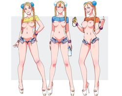 3girls bandaid bandaid_on_knee beer beer_can blonde_hair blue_eyes bracelets braided_hair braided_twintails breasts controller exposed_breasts exposed_pussy functionally_nude hairbun high_heels highres hot_pants hotpants innie_pussy jean_thong looking_at_viewer multiple_girls navel_piercing nintendo_switch nipples no_bra no_panties open_mouth open_pants open_toe_shoes piercing platform_heels pussy pussy_peek revealing_clothes shirt_lift short_shorts simple_background stripper_heels tekuho torn_clothes triplets twintails