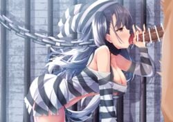 1boy 1girls aliasing azur_lane bondage censored chains collar dress fellatio madotsukumo male pamiat_merkuria_(azur_lane) penis prisoner torn_clothes