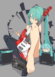 1girls blue_hair cigarette feet foot_fetish guitar hatsune_miku kkrazyyyy1 kkry99 medium_breasts musical_instrument socks vocaloid