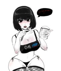 1girls bikini_bottom blush blushing_at_viewer fanart goth goth_girl goth_ihop hannahthecatgirl_(artist) humanized ihop no_bra panties shy staring_at_viewer thick_thighs thighhighs veronica_(saltynoodles) waitress wide_hips