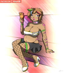 1girls bad_end big_breasts bimbo bimbofication body_markings brown_hair collar fishnet_stockings fishnets green_eyes high_heels kiroxiii lipstick miniskirt money oc pregnant pregnant_prostitute prostitution rika_dimensional_ninja slave tight_clothing unusual_pupils watermark