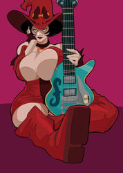 1girls alternate_breast_size behemaid big_breasts black_hair bob_cut breasts cleavage dress female female_focus guilty_gear guilty_gear_strive guilty_gear_xrd guitar huge_breasts i-no large_breasts lips musical_instrument no_eyewear red_lips red_lipstick short_hair solo thick_thighs thighs