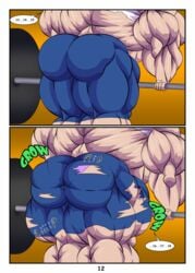 1girls anne_(bigger_than_you) back_muscles barbell bigger_than_you_(comic) blue_jeans comic_page english_text female hyper_muscles muscle_growth original original_character outlaw_monkey_x page_12 ripped_clothing ripped_pants speech_bubbles tagme