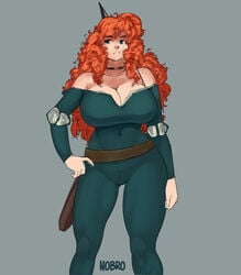 1girls blue_eyes bodysuit bow brave breasts choker cleavage curly_hair disney disney_princess female female_protagonist freckles frizzy_hair ginger_hair green_bodysuit hand_on_hip large_breasts long_hair merida muscular_thighs nobro pixar red_hair sheath straight_hair thick_thighs