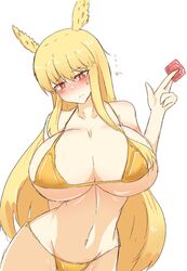 1girls arm_behind_back bangs bikini blonde_hair blush breasts collarbone condom eyebrows eyebrows_visible_through_hair eyelashes eyelashes_visible_through_hair fate/grand_order fate_(series) female hair_between_eyes hair_ornament head_wings large_breasts long_hair red_eyes sidelocks skeletons62 sweatdrop thin_eyebrows thrud_(fate) valkyrie_(fate) wings wings_on_head