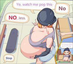 1girls big_breasts breasts cleavage english english_text female female_only huge_belly hyper_belly hyper_pregnancy large_breasts maternal-reads pregnant ready_to_pop sequence skateboard solo_focus speech_bubble text