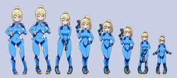 2021 age_regression aged_down big_breasts blonde_hair blue_eyes blush bodysuit breast_expansion growing grown_up growth high_heels inksgirls metroid nintendo samus_aran shrink shrinking size_transformation tagme torn_clothes transformation zero_suit zero_suit_samus