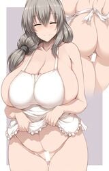 1girls apron ass big_breasts blush breasts breasts_bigger_than_head censor_bar closed_eyes eyebrows_visible_through_hair female female_focus female_only grey_hair hourglass_figure huge_breasts large_breasts long_hair milf naked_apron simple_background solo solo_female solo_focus thick_thighs tsukasawa_takamatsu uzaki-chan_wa_asobitai! uzaki_tsuki voluptuous