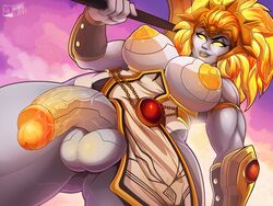 1futa big_breasts breasts dota_2 futanari glowing glowing_eyes glowing_hair grey_skin hammer kabscorner muscular muscular_futanari smile standing taker_pov thick_thighs valora_the_dawnbreaker