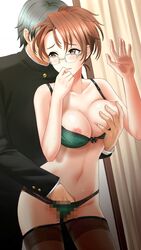 1boy bangs black_hair black_jacket bow bow_bra bra bra_pull breasts brown_eyes brown_hair brown_legwear censored clenched_teeth clothing collarbone doukyuusei_another_world eyebrows_visible_through_hair female fingering fingering_from_behind game_cg glasses green_bra green_panties hair_between_eyes hand_in_another's_panties hand_in_panties jacket kakyuusei_2 large_breasts leaning_forward long_sleeves mosaic_censoring navel nipples official_art over-rim_eyewear panties pantyhose ponytail satin satin_bra satin_panties school_uniform semi-rimless_eyewear shiny shiny_hair short_hair stockings teacher_and_student teeth tied_hair underwear underwear_only yokomizo_fumi