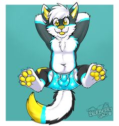 2021 anthro balls_outline biped black_body black_ears black_fur blep blue_body blue_clothing blue_ears blue_fur blue_underwear boxers_(clothing) bulge canid canine cheek_tuft chest_tuft claws clothed clothing cute_fangs cyan_background dipstick_tail ear_tuft eyebrow_through_hair eyebrows facial_tuft fur gaokun genital_outline hair hands_behind_head hi_res inner_ear_fluff looking_at_viewer male male_only mammal multicolored_tail partially_clothed pawpads paws presenting_bulge sheath_outline simple_background solo star star_pattern toe_claws tongue tongue_out translucent translucent_hair tuft underwear watermark whiskers white_body white_ears white_fur white_hair white_inner_ear yellow_body yellow_eyes yellow_fur yellow_inner_ear yellow_nose yellow_pawpads yellow_tongue