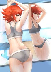 1girls ass ass_cleavage back_view big_ass butt_crack cleavage deekei fire_emblem fire_emblem_fates gym hinoka_(fire_emblem) looking_at_viewer looking_back mirror nintendo orange_eyes red_hair reflection short_hair short_red_hair solo solo_female tank_top tomboy underwear