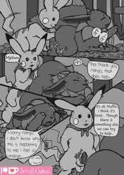 2021 balls bodily_fluids comic conditional_dnp dialogue duo eevee english_text erection female feral feral_on_feral genital_fluids genitals greyscale hi_res licking male male/female mango_the_pikachu monochrome muffin_the_eevee nakoo nintendo open_mouth penis pikachu pokémon_(species) pokemon pokemon_mystery_dungeon pussy_juice speech_bubble sweat tailwag text tongue tongue_out video_games