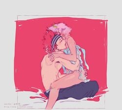 1boy 1boy1girl 1girls ass_grab closed_eyes eijirou_kirishima embrace embracing female hand_on_ass hand_under_clothes headband horn hugging kirimina licking male male/female mina_ashido my_hero_academia on_lap partially_clothed partially_nude pink_hair red_hair romantic see-through_clothing sensual sitting_on_lap straight wholesome