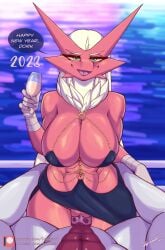 2023 alcohol anthro beverage big_breasts blaziken breasts champagne champagne_glass clothed clothing duo english_text female generation_3_pokemon genitals group hanako_(lyorenth-the-dragon) hi_res holidays lyorenth-the-dragon male male/female new_year nintendo penetration pokémon_(species) pokemon pokemon_(species) pussy sex speech_bubble text trio vaginal_penetration