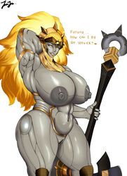 1girls armpits dota_2 glowing glowing_eyes glowing_hair grey_skin hammer large_breasts muscular_female pussy thick_thighs valora_the_dawnbreaker