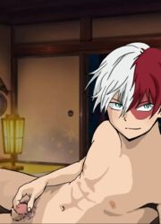 aqua_eyes blue_eyes censored censored_penis completely_nude fapping male male_only masturbation micropenis mosaic_censoring muscular muscular_male my_hero_academia nipples nude penis red_hair scar scared shouto_todoroki small_penis smile smiling white_hair