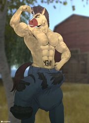 abs animal_genitalia animal_penis anthro balls barn becoming_erect bicep_curl biceps big_balls big_penis black_penis blue_eyes bodily_fluids bottomwear brown_body brown_fur brown_hair clothed clothing denim denim_clothing dusk_(drwhooves10) equid equine equine_penis farm flared_penis flexing fur genitals getting_erect grass grin hair hi_res horse jeans male male_focus male_only male_solo mammal mane medial_ring mohawk muscular muscular_anthro muscular_male pants penis plant ripped_clothing semi-erect sky smile solo solo_male spade sweat tan_body tan_fur tattoo text topless torn_bottomwear torn_clothing torn_pants tree vikifox_(artist) wardrobe_malfunction watermark white_body white_fur white_hair