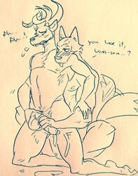 anthro antlers balls beastars blush bodily_fluids canid canine canis cervid cervine clenched_teeth closed_eyes cum cum_on_leg cum_on_self dialogue duo erection genital_fluids genitals handjob hi_res horn kneeling legoshi_(beastars) louis_(beastars) male male/male male_only mammal navel nipples nude orgasm orgasm_face penile penis reach_around red_deer sex staticlustdemons tailwag teeth wolf wuffinarts