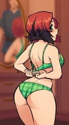 1girls ass black_hair blue_eyes blurry_background blush bra cropped_legs dressing faceless_male female from_behind green_eyes green_underwear indoors looking_at_viewer looking_back male mirror monorus original original_character panties pattern_clothing pattern_underwear red_hair reflection remi_(monorus) surprised thighs underwear underwear_only