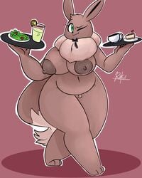 absurd_res anthro big_breasts breasts eevee fat female genitals hi_res holding_object jezebel_(crane) nic-m-lyc nintendo nude one_eye_closed overweight pokémon_(species) pokemon pussy simple_background slightly_chubby smile solo tray video_games wink