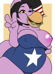 anthro areola big_breasts black_nose breasts burger catty_(undertale) clothed clothing delis domestic_cat felid feline female food freckles gesture hair huge_breasts kloudmutt mammal nipples one_breast_out one_eye_closed overweight overweight_anthro overweight_female short_hair simple_background solo solo_female stars stripes thick_thighs undertale v_sign wink yellow_sclera