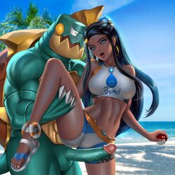 beach belly_chain drednaw ear_piercing earrings game_freak gym_leader hoop_earrings imminent_sex necklace nessa_(pokemon) nintendo pokemon pokemon_ss pokephilia tagme