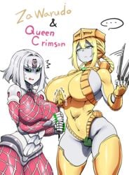 ... 2021 2girls big_breasts black_eyes blonde_hair breasts duo female green_sclera grey hi_res highres humanoid jojo's_bizarre_adventure king_crimson leotard looking_at_another mannungei queen_crimson rule_63 shounen_jump sideboob stand_(jjba) stand_arrow stardust_crusaders sweat the_world throwing_knife vento_aureo