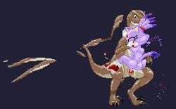 1girls angry animal_genitalia animated anthro ass bestiality blaze_the_cat blush buttjob cat cat_ears cat_tail clothing cum cum_inside cumflation dinosaur exposed_torso feline female footwear gif handwear happy inflation interspecies male mostly_nude mykiio pixel_animation pixel_art project_x_love_potion_disaster purple_fur raptor ripped_clothing sega sonic_(series) stand_and_carry_position stressed suspended_congress zoophilia