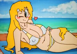 beach belly_button big_breasts bikini curvy curvy_figure cute edit edited hairclip huge_breasts juanila_(writers_crusaders) laying_on_side long_hair original_character rule_63 solo_female striped_bikini striped_bra striped_clothing striped_panties stripes swimsuit thick_thighs thighs wcjuan wink winking_at_viewer writers_crusaders yellow_and_white yellow_hair