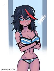 1girls artist_request black_hair blue_eyes bra breasts canon_panties female kill_la_kill matoi_ryuuko multicolored_hair panties red_highlights shimapan solo solo_female striped_panties underwear