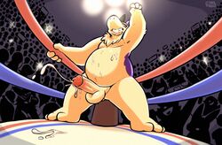 anthro balls bodily_fluids bulge crowd cum ejaculation erection fighting_ring genital_fluids genitals group hi_res male male_only mask nintendo nude overweight overweight_male penis pokemon pokemon_(species) raburigaron slightly_chubby solo sports_mask sportswear standing typhlosion video_games wrestling_mask