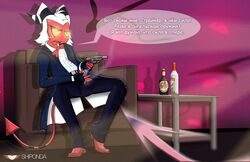 1boy alcohol beer bottle cigarette clothed clothes clothing eyebrows gun helluva_boss humanoid imp looking_at_another male moxxie_(helluva_boss) pistol red_body red_skin russian_text shiponda shoes smoking sofa table tail translation_request vivienne_medrano vodka wallpaper white_hair yellow_eyes