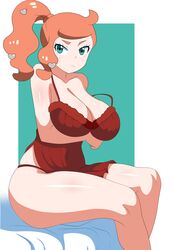 1girls alternate_breast_size bed big_breasts bra breasts eye_contact female huge_breasts looking_at_viewer monkeyhead nintendo pokemon pokemon_ss side_ponytail solo sonia_(pokemon) thick_thighs underwear