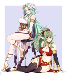 2girls alternate_costume arabian_clothes armlets bare_legs bare_midriff bare_thighs big_breasts blush bra breasts bridal_gauntlets cleavage cosplay dancer dancer_(three_houses) dancer_outfit female_focus female_only fire_emblem fire_emblem:_three_houses fire_emblem_awakening fire_emblem_heroes green_eyes green_hair harem_outfit large_breasts lindaroze long_green_hair long_hair looking_at_viewer midriff multiple_girls navel nintendo olivia_(fire_emblem) olivia_(fire_emblem)_(cosplay) pelvic_curtain pointy_ears ponytail red_bra rhea_(fire_emblem) sitting sitting_on_stool smile source_smaller stool thick_thighs thighhighs tiki_(adult)_(fire_emblem) tiki_(fire_emblem) underboob wide_hips