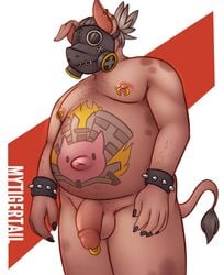 balls blizzard_entertainment body_hair chest_hair chub_(disambiguation) chubby_male domestic_pig genitals hairy male male_only mammal mytigertail nipple_piercing nipples overwatch overweight overweight_male penis piercing roadhog solo suid suina sus_(pig) tattoo twintails video_games