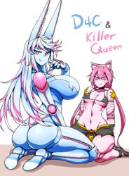 2021 2girls ass big_ass big_breasts blue_skin bra breasts cat_ears diamond_is_unbreakable dirty_deeds_done_dirt_cheap duo female hair hi_res highres huge_breasts jojo's_bizarre_adventure killer_queen long_hair looking_at_another looking_at_viewer looking_back mannungei pink_body pink_eyes pink_thong rule_63 shounen_jump stand_(jjba) steel_ball_run sweat thong