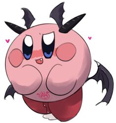 bat_wings blue_eyes blush bodily_fluids fangs female genital_fluids head_wings heart hi_res horn kirby kirby_(series) leg_markings markings membrane_(anatomy) membranous_wings mtf_crossgender nintendo open_mouth pink_body poi_(artist) pubic_tattoo pussy_juice red_markings rule_63 socks_(marking) solo succubus tattoo video_games waddling_head wings