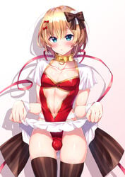 1boy blonde_hair blue_eyes blush bow brown_legwear bulge clothing_cutout commentary_request covered_nipples femboy girly hair_ornament hairbow highres lifted_by_self male male_focus morino_(22376376) navel navel_cutout original otoko_no_ko parted_lips short_hair skirt skirt_lift solo thighhighs trap