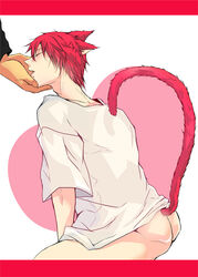 2boys akashi_seijuurou ass cat_ears cat_tail catboy closed_eyes furry heart_background kuroko_no_basuke male male_focus murasakibara_atsushi naked_shirt red_hair shirt short_hair tail white_shirt yaoi