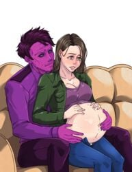 brown_eyes brown_hair charlie_emily female female_focus five_nights_at_freddy's fnaf hands_on_belly pregnant purple_guy_(fnaf) purple_hair purple_skin robot robot_girl william_afton zombie zombie_boy zoohentai