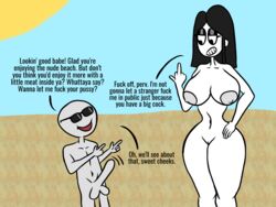 2021 areolae beach big_balls big_breasts big_penis black_hair blue_sky breasts casual_nudity completely_nude corndogjoe erect_penis erection exposed_breasts fanart finger_gun goth huge_breasts imminent_penetration imminent_sex joe_(corndogjoe) middle_finger nipples nude_beach nude_female nude_male nudist penis penis_out public public_exposure public_nudity pussy sand self_insert smirk straight sunglasses taller_girl text thick thick_thighs throbbing throbbing_penis vagina veronica_(saltynoodles) voluptuous white_skin