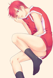 1boy ass ass_focus bare_arms black_legwear jersey kuroko_no_basuke male male_focus naked_shirt red_eyes red_hair seijuro_akashi short_hair simple_background