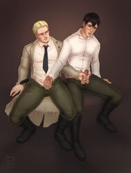 2boys attack_on_titan bertolt_hoover black_hair blonde_hair blush clothed commission erection fully_clothed gay green_eyes handjob holding_penis male male/male male_only military_uniform miserdirt mutual_masturbation necktie open_pants partially_retracted_foreskin penis_out penis_size_difference reiner_braun retracted_foreskin trenchcoat uncensored uncut uniform visible_breath yaoi yellow_eyes