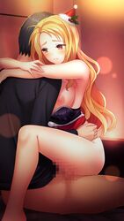 1boy arms_around_neck black_bra black_hair black_shirt blonde_hair blush bottomless bra bra_pull breasts clothes_pull cowgirl_position doukyuusei_2 doukyuusei_another_world female fur-trimmed_headwear game_cg hat indoors large_breasts lens_flare long_hair maijima_karen mini_hat nipples official_art parted_lips red_eyes red_headwear sex shiny shiny_hair shirt straddling straight underwear upright_straddle vaginal_penetration very_long_hair