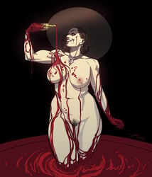 1girls alcina_dimitrescu blood blood_bath covered_in_blood functionally_nude hairy hat krisanka large_breasts necklace nipples nude pubic_hair resident_evil resident_evil_8:_village smiling solo tagme vampire